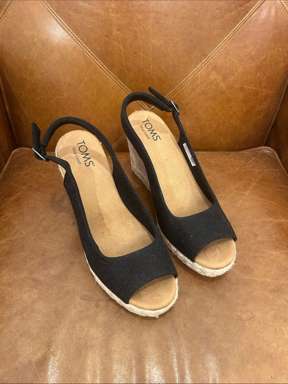 TOMS Black Canvas Peep-Toe Espadrille Wedge Slingback